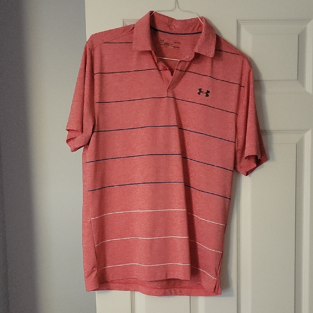 Under Armour Men's Polo in Red with Blue and White Stripes